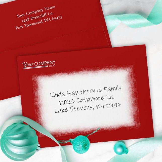 Red, White Company Business Pre-addressed 5x7 Envelope (red envelope for company holiday xmas cards, white business logo, christmas greeting card envelopes)