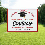 Red White Congratulations Graduate Custom Yard Sign<br><div class="desc">This classic red and white custom congratulations senior graduation yard sign features your high school or college name for the class of 2026. Customize with your graduating year under the chic handwritten script and black grad cap for great personalized graduate outdoor decor.</div>