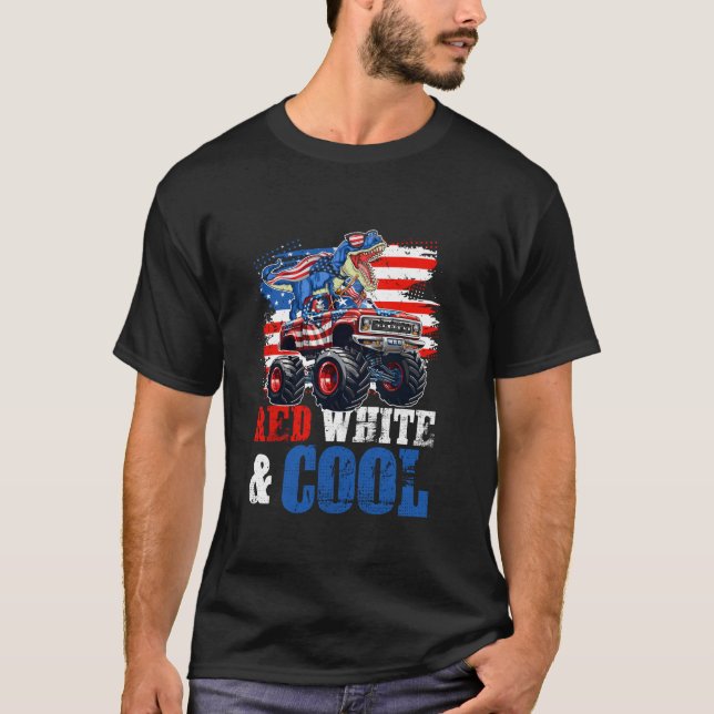 Red White Cool T Rex Riding Monster Truck Day 4th  T-Shirt (Front)