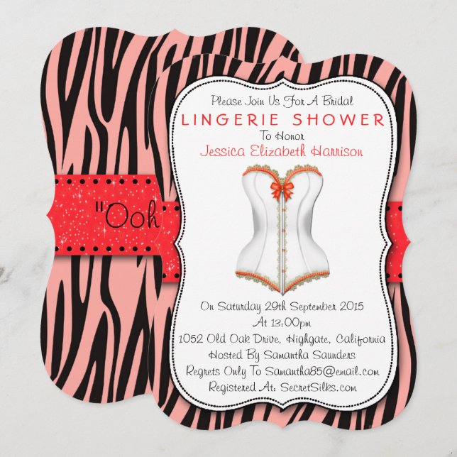 Red & White Corset On Zebra Print Lingerie Shower Invitation (Front/Back)