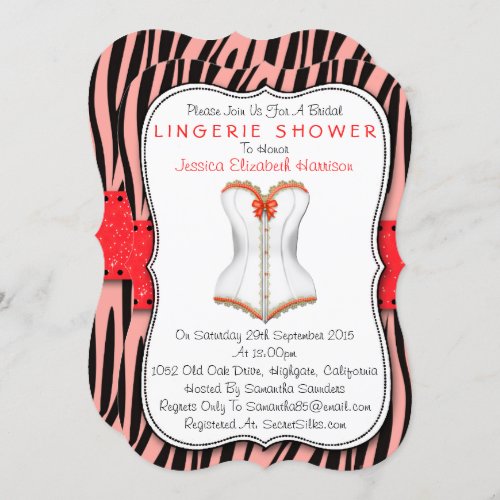 Red  White Corset On Zebra Print Lingerie Shower Invitation