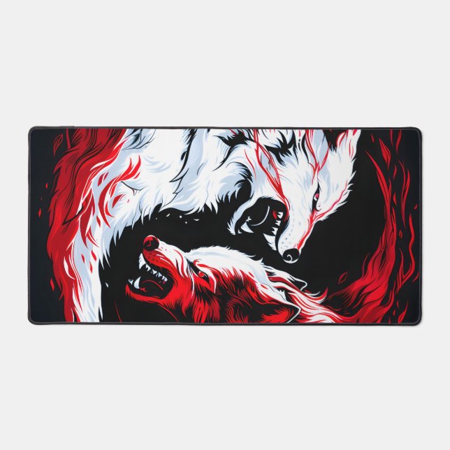 Red White Cosmic Wolf Warrior Desk Mat (Front)