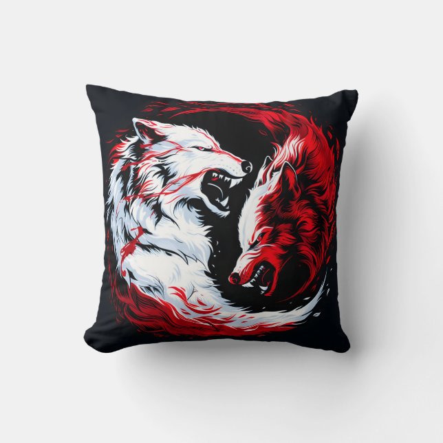 Red White Cosmic Wolf Warrior Throw Pillow (Front)