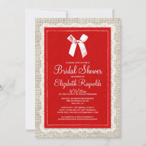 Red White Country Burlap Bridal Shower Invitations