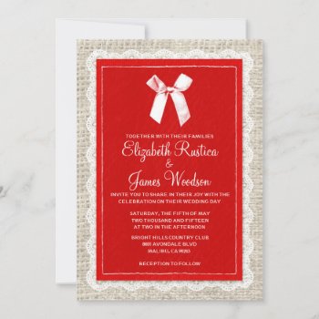 Red & White Country Burlap Wedding Invitations by topinvitations at Zazzle