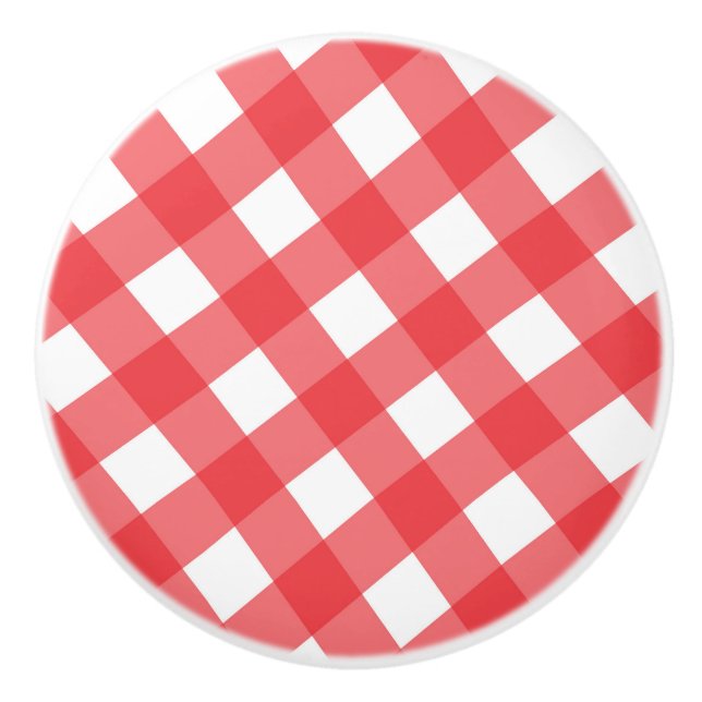 Red & White Country Gingham Checkered Checker Ceramic Knob (Front)