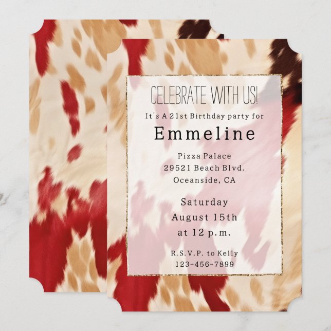 Red White Cream Western Cowhide Cowgirl Invitation (Front/Back)