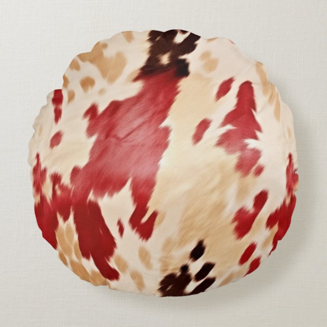 Red White Cream Western Cowhide Cowgirl Round Pillow (Front)