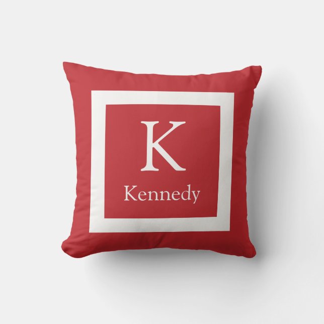 Red White Custom Monogram Name Throw Pillow (Front)