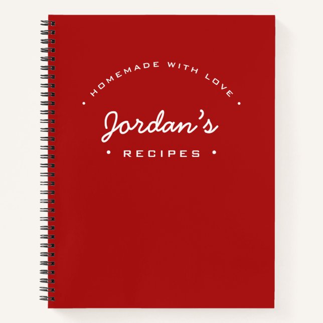 Red White Custom Name Homemade with Love Recipe Notebook (Front)