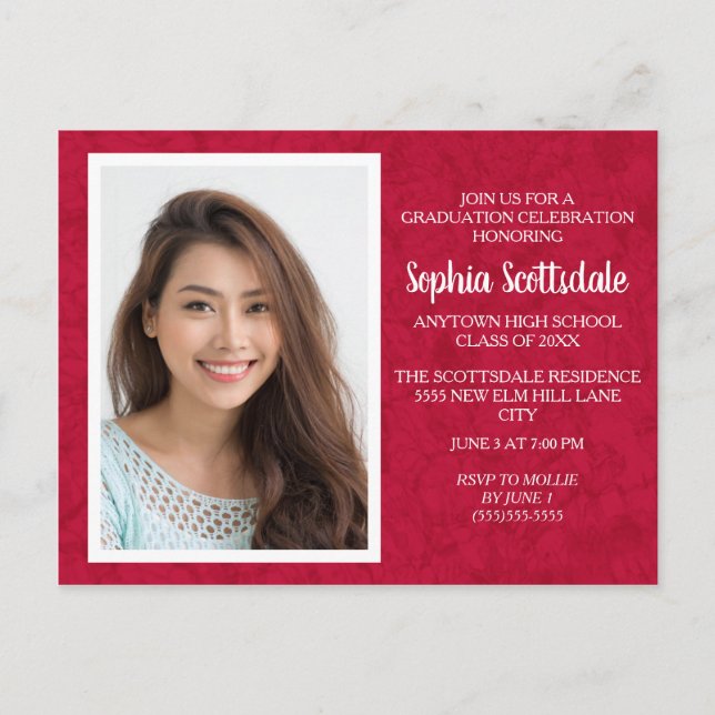 Red White Custom Photo Graduation Party Invitation Postcard (Front)