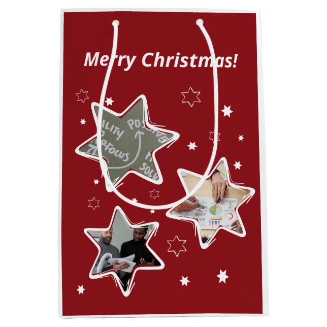 Red & White Custom Photo Stars Christmas Medium Gift Bag (Front)