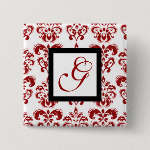 RED WHITE DAMASK BLACK SQUARE MONOGRAM PINBACK BUTTON