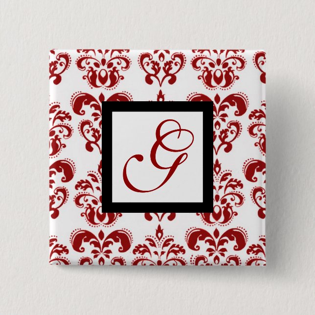 RED WHITE DAMASK BLACK SQUARE MONOGRAM PINBACK BUTTON (Front)