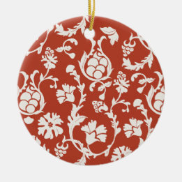Red & White Damask Floral Ceramic Ornament