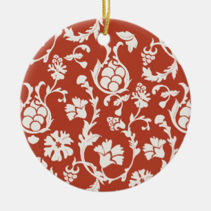 Red & White Damask Floral Ceramic Ornament