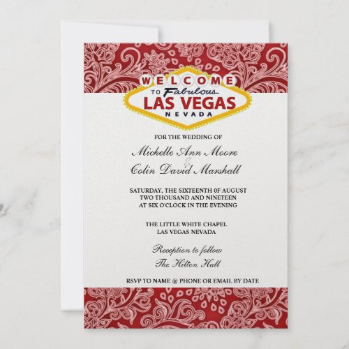 Red  White Damask Floral Las Vegas Wedding Invite