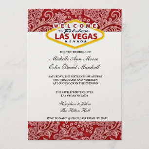 Red & White Damask Floral Las Vegas Wedding Invite