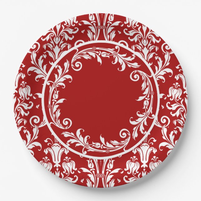 Red White Damask Floral Swirls Personalize Paper Plates (Front)