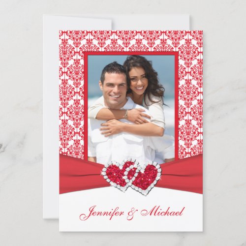 Red &amp; White Damask &amp; Hearts Photo Invitation