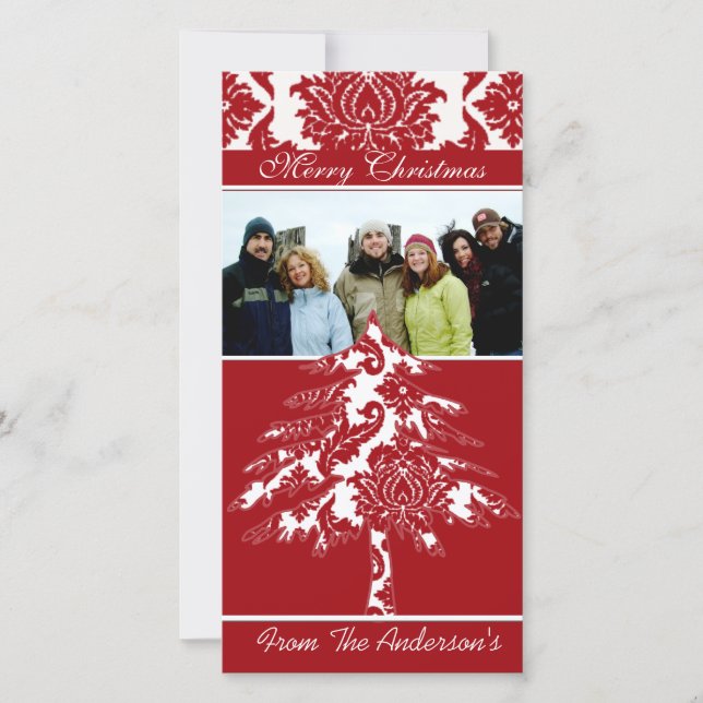 Red & White Damask Pine Holiday Family Pictures (Front)