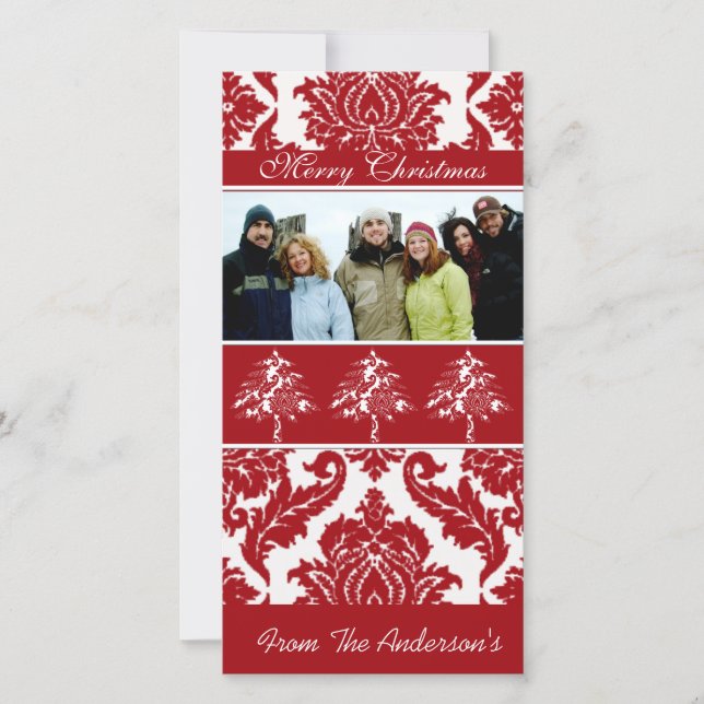 Red & White Damask Pine Holiday Family Pictures Card (Front)