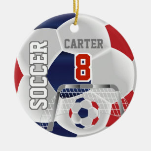 Red, White & Dark Blue Personalize Soccer  ⚽ Ball Ceramic Ornament