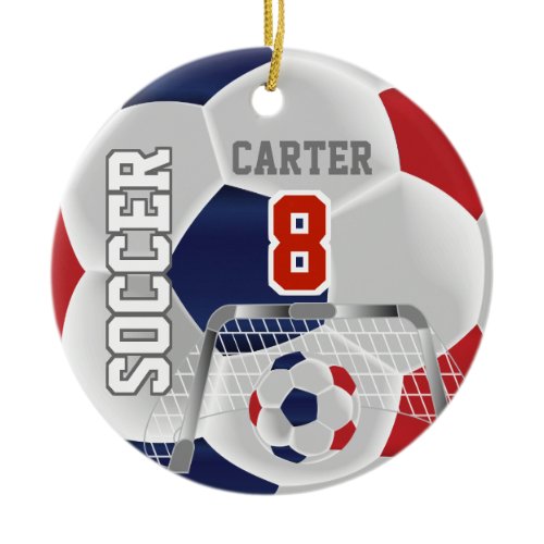 Red, White &amp; Dark Blue Personalize Soccer  ⚽ Ball Ceramic Ornament