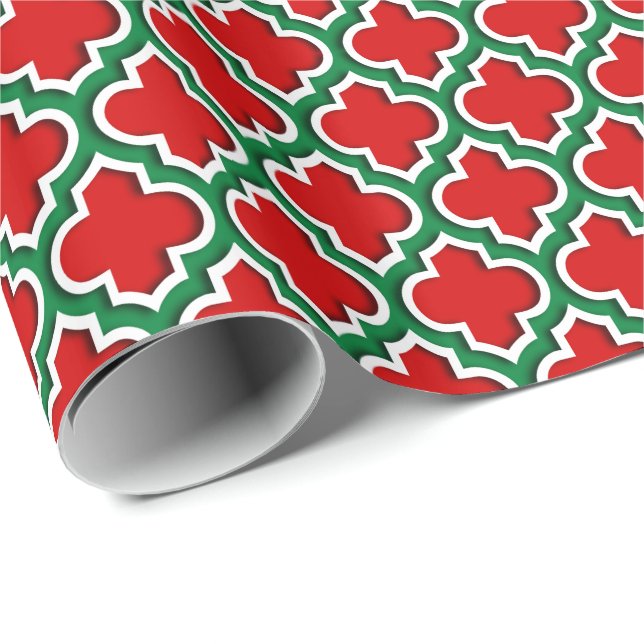 Red White Dark Green LG Moroccan Quatrefoil #5DS Wrapping Paper (Roll Corner)