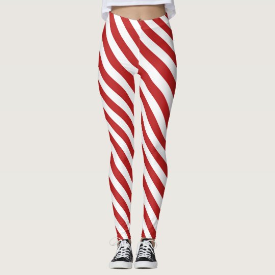 Red White Diagonal Candy Cane Stripes Holiday Leggings Zazzle Com