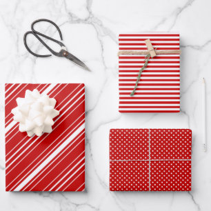 Red-White Diagonal Stripes & Dots Christmas Wrapping Paper Sheets