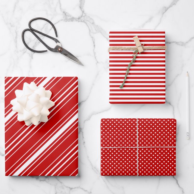 Red-White Diagonal Stripes & Dots Christmas Wrapping Paper Sheets (Front)