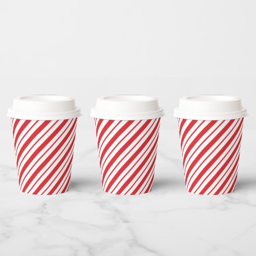 Red  White Diagonal Stripes Holiday Christmas Paper Cups