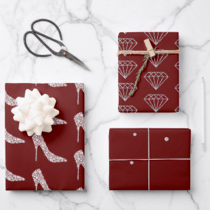 Red White Diamond High Heel Shoes Wedding Wrapping Paper Sheets