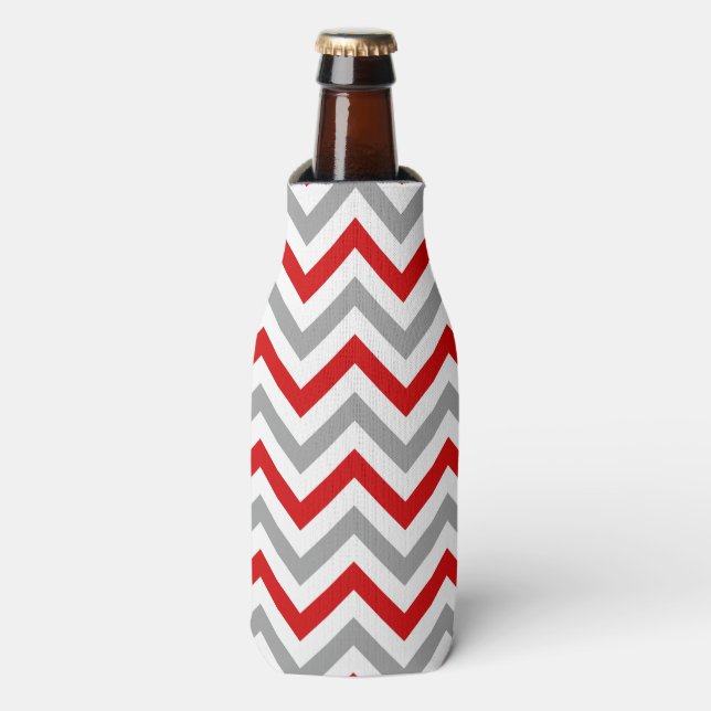 Red, White, Dk Gray Large Chevron ZigZag Pattern Bottle Cooler (Bottle Front)