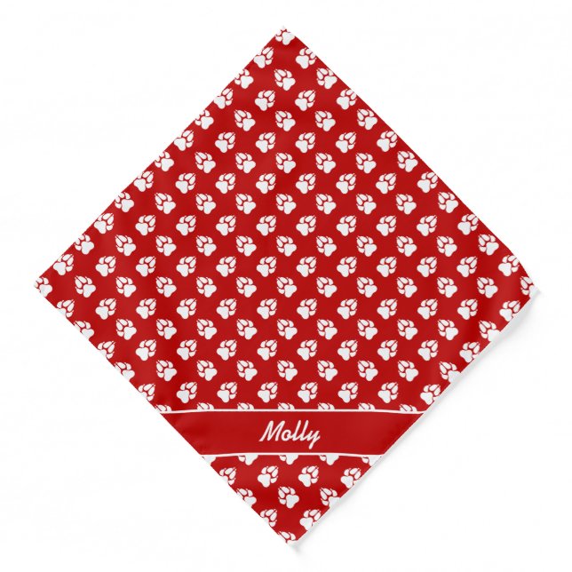 Red & White Dog Paw Print Pattern & Custom Name Bandana (Front)