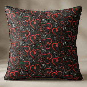 Red White Doodle Hearts Love Script Pattern Black Fabric