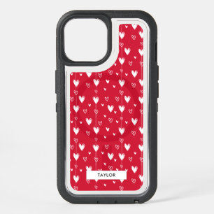 Red White Doodle Hearts Pattern Personalized Name  iPhone 15 Case