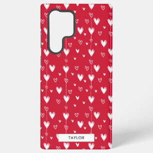 Red White Doodle Hearts Pattern Personalized Name Samsung Galaxy S22 Ultra Case