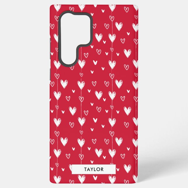 Red White Doodle Hearts Pattern Personalized Name Samsung Galaxy Case (Back)
