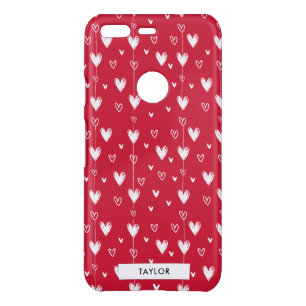 Red White Doodle Hearts Pattern Personalized Name  Uncommon Google Pixel Case