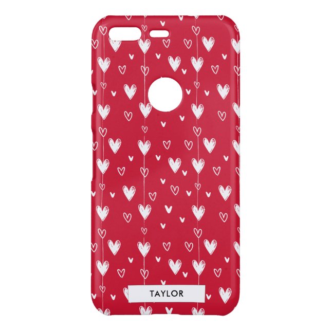 Red White Doodle Hearts Pattern Personalized Name  Uncommon Google Pixel Case (Back)