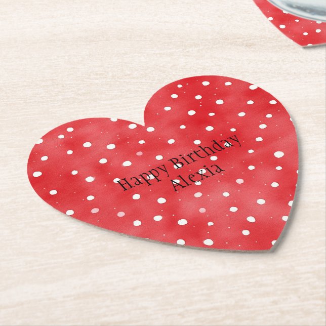 Red White Dots Birthday Paper Coaster (Angled)