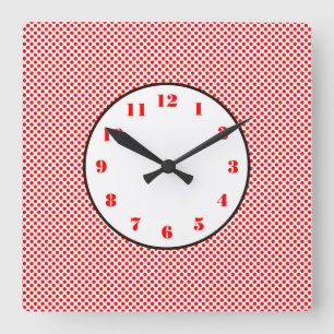 Red White Dots Black Trim Square Wall Clock