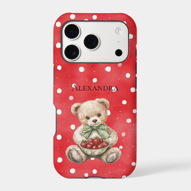 Red White Dots Strawberries Teddy Bear Case-Mate iPhone Case (Back)