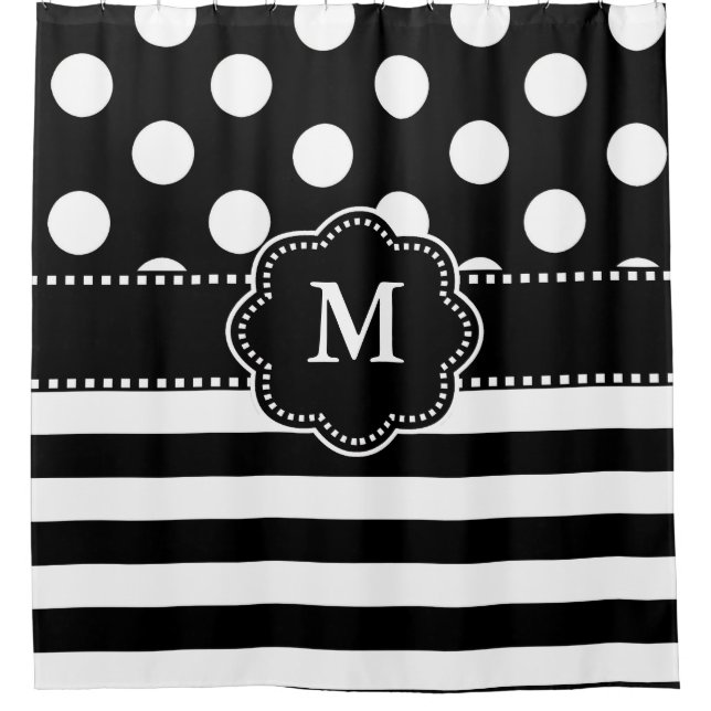 Red White Dots Stripes Monogram Shower Curtain (Front)