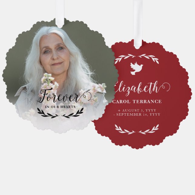 Red White Dove Forever In Our Hearts Photo Ornament Card (Front/Back)