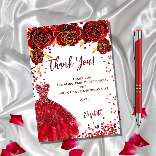 Red white dress floral birthday thank you card