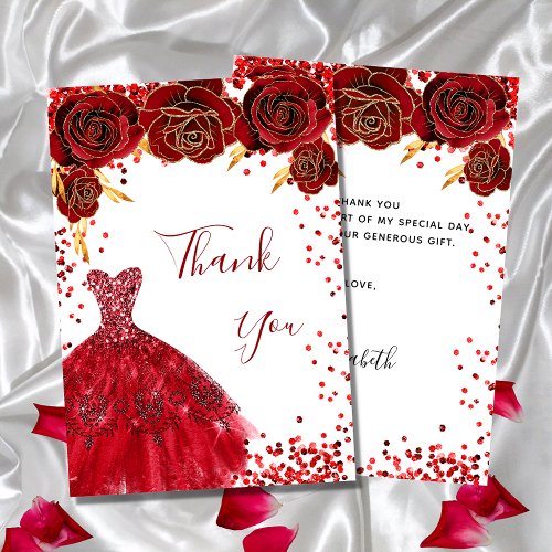 Red white dress floral glamorous birthday thank you card