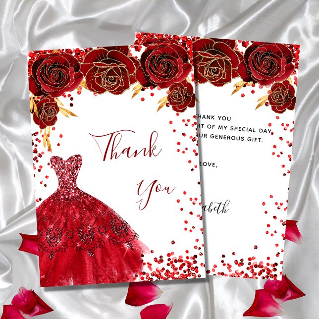 Red white dress floral glamorous birthday thank you card (Creator Uploaded)